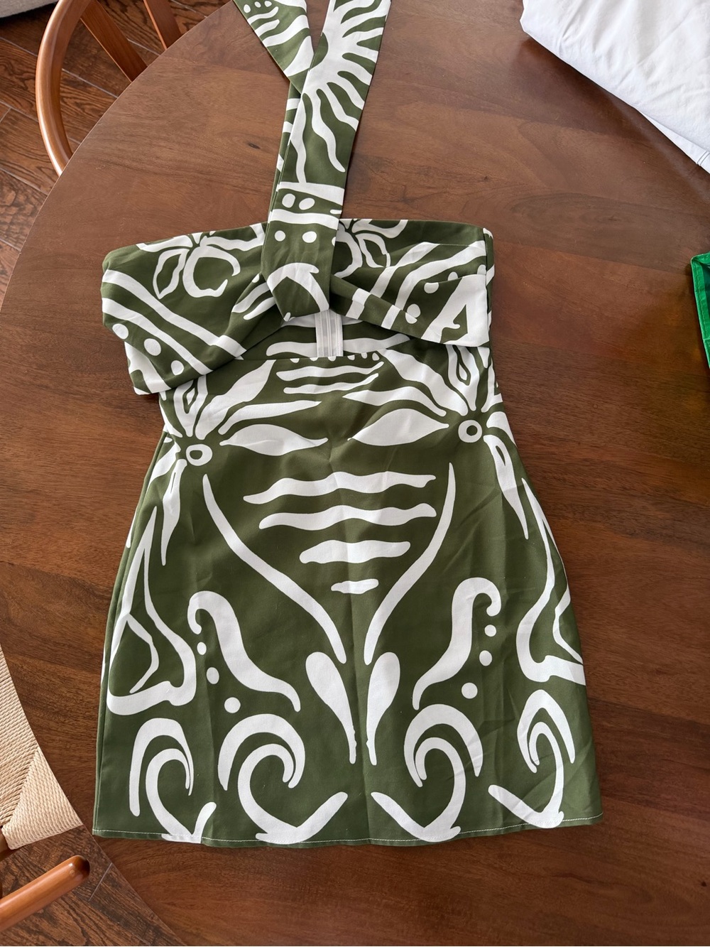 SHEIN Olive Green and White Strapless Patterned Mini Dress
